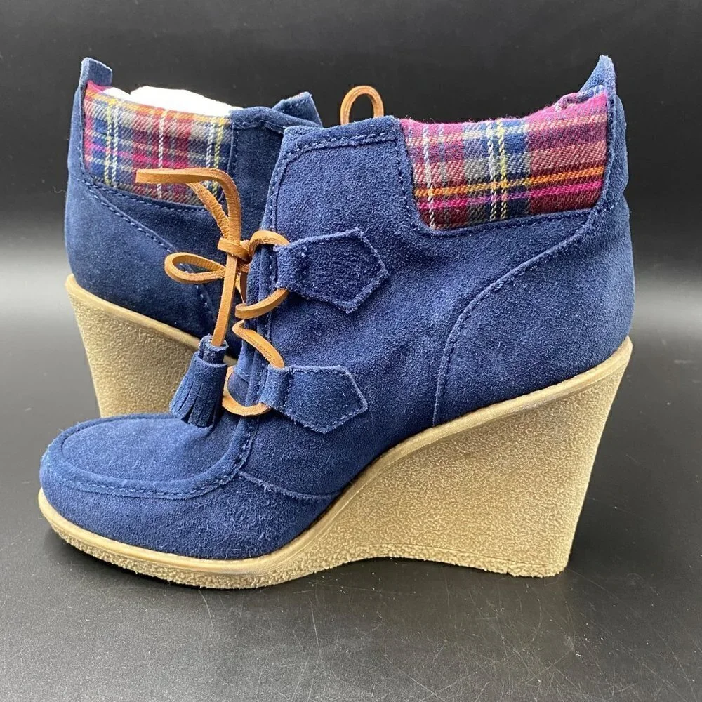Tommy Hilfiger Slate Blue Suede Plaid Wedge Shoes Women's Size 8.5